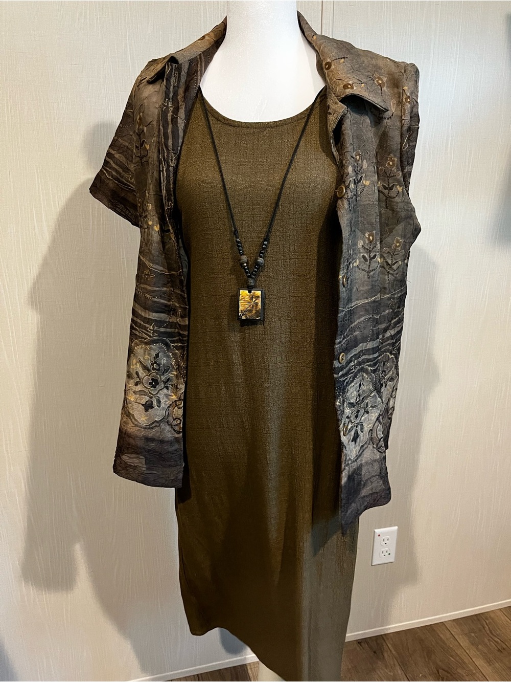 Vintage K Petite 2 pc Dress Set Olive Green & Printed Jacket Size 6P